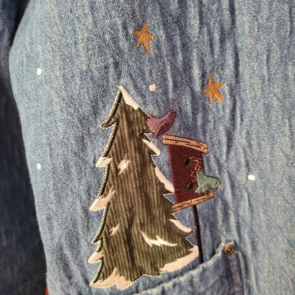 Christopher Banks Quilted Denim Jacket Corduroy Trim Snowman Embroidery Medium - Picture 2 of 11